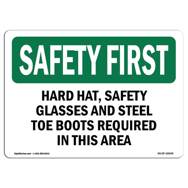 OSHA Sign, Hard Hat Glasses And Steel Toe Boots, 10in X 7in Aluminum, 10" W, 7" H, Landscape
